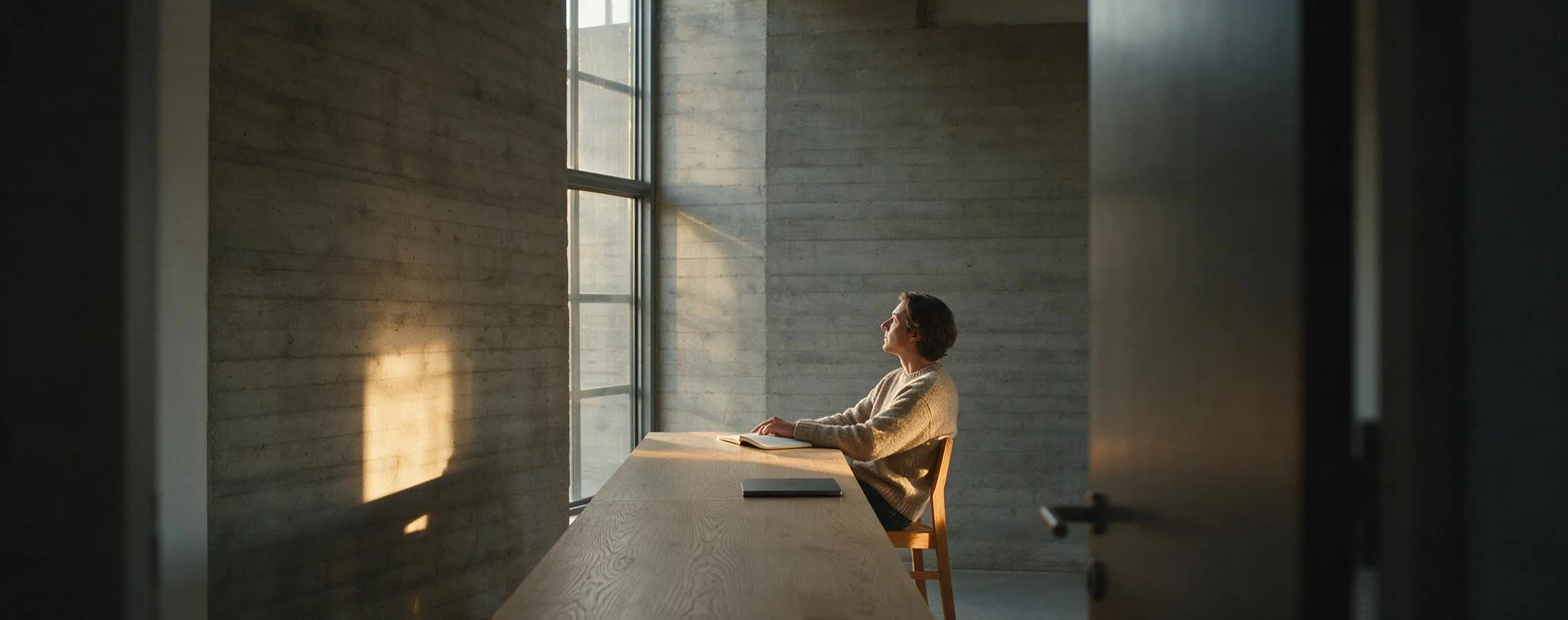 Seen through a dark doorway, a person in an oatmeal sweater sits at the end of a long oak table in a bare concrete room, looking up at a tall window in low sun, a notebook open and a closed laptop beside them.