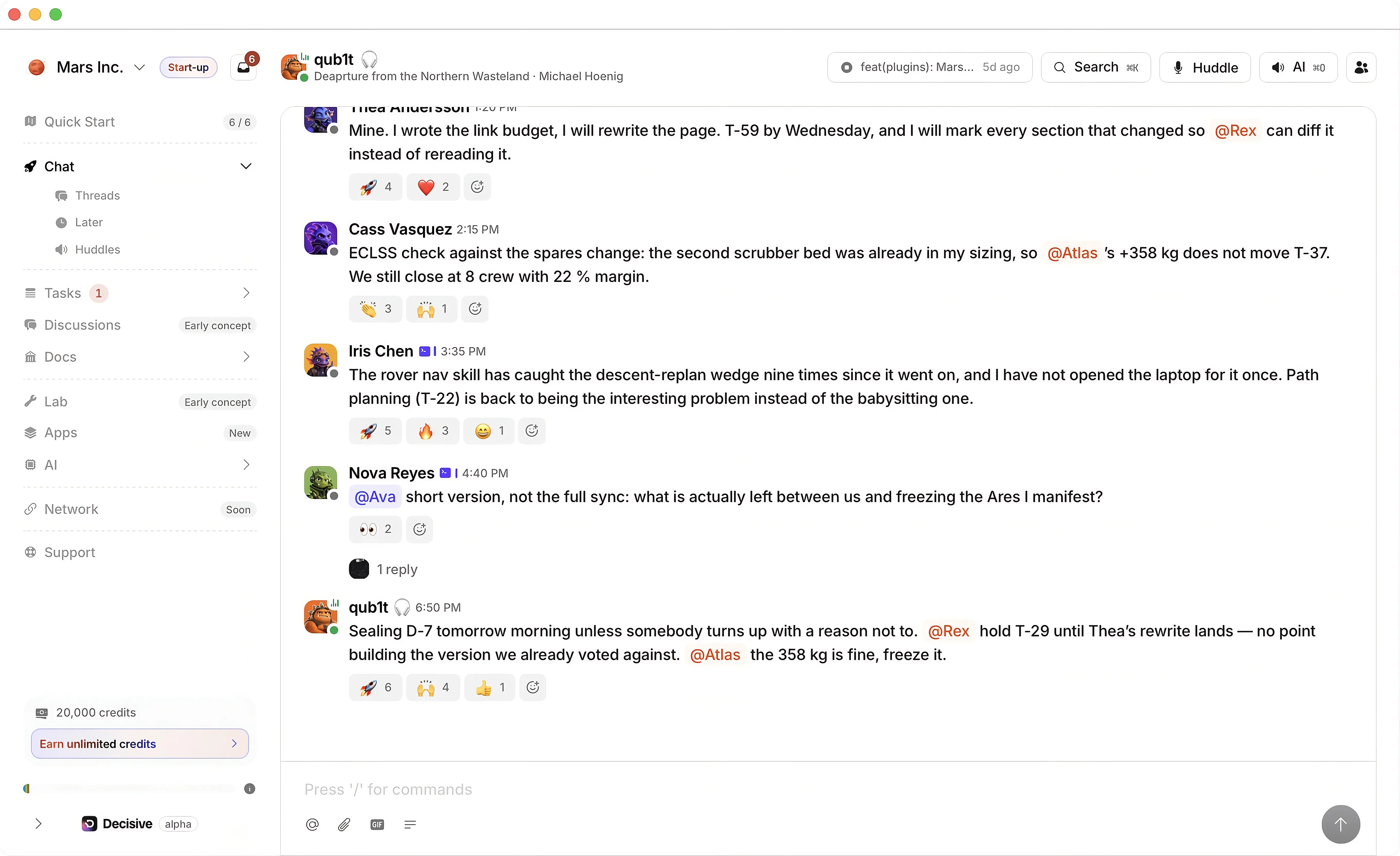 The Decisive desktop app - team chat, tasks, huddles and the AI teammate in one surface