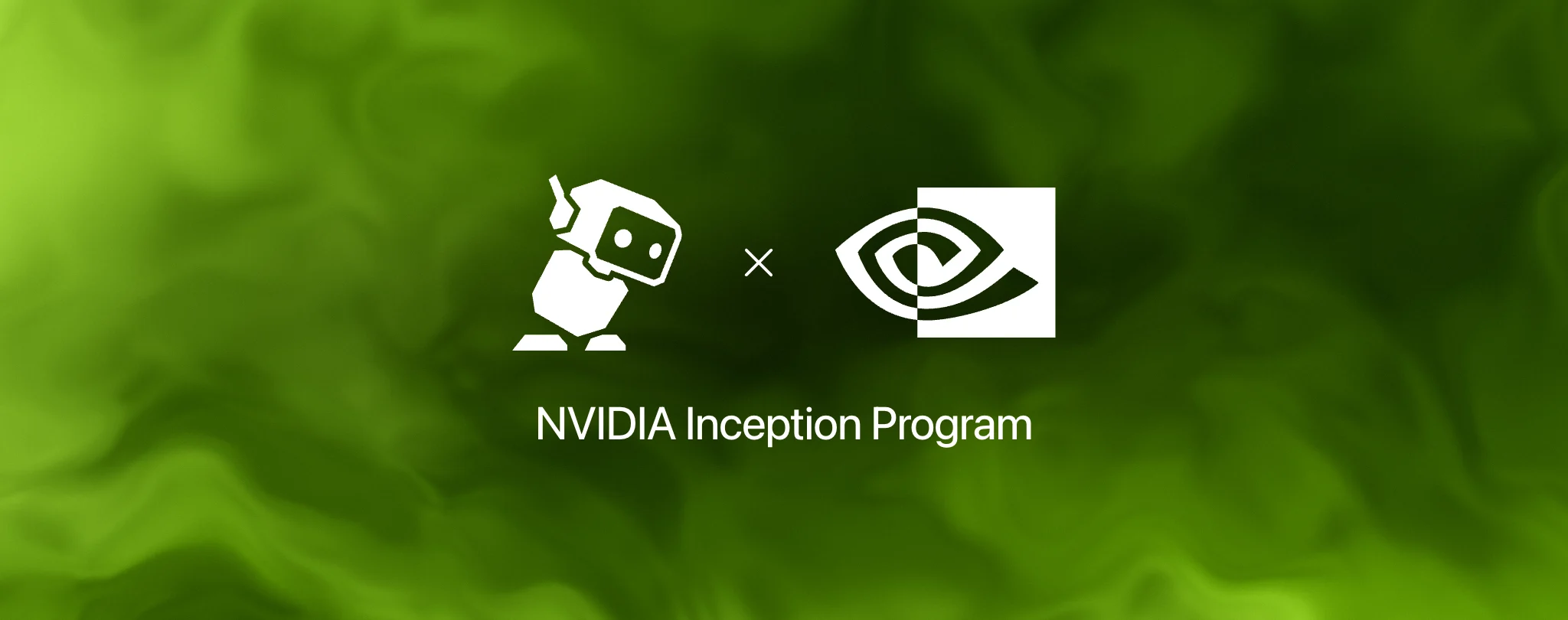 The WeMachines robot and the NVIDIA eye logo side by side in white over soft green smoke, above the words NVIDIA Inception Program.