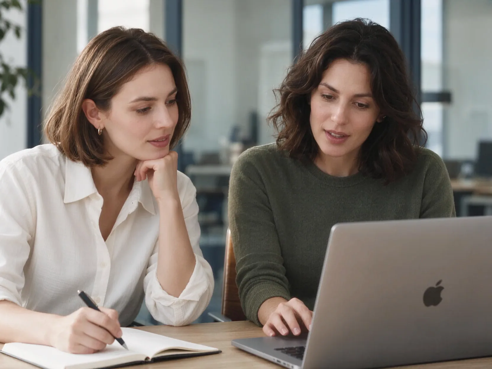 Two marketers at a laptop in a bright glass-walled office, one taking notes while the other works through the draft.