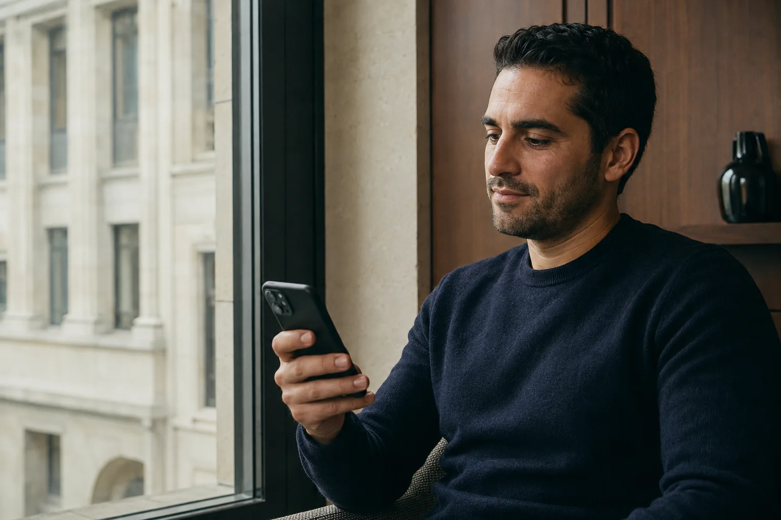 A professional checking a smartphone by an office window after a meeting.